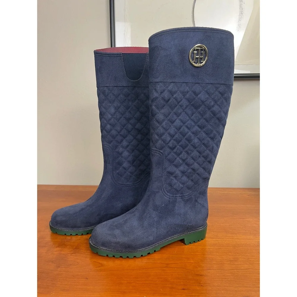 Tommy Hilfiger Navy Quilted Suede Tall Boots Green Lug Sole Gold Logo‎ Women 6M